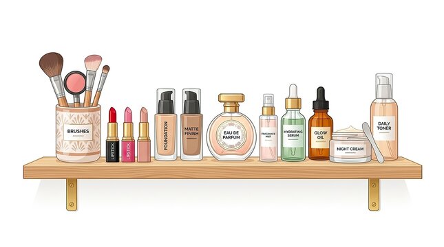 Cosmetic products and makeup brushes on a wooden shelf isolated on white background