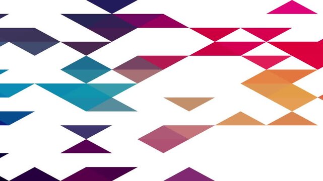 Colorful geometric animation with triangle shapes gradually appearing and filling a white background. Modern abstract motion graphic in pink, purple, blue, turquoise and warm neutral colors.