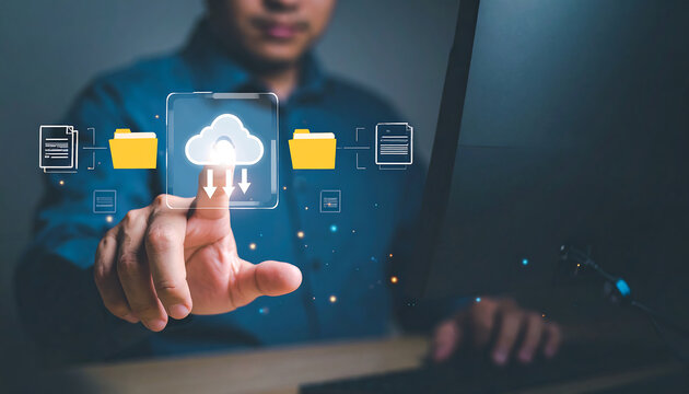 Cloud Security and Document Management System (DMS) Concept. Person using cloud storage and secure folder icons, document system, cloud data transfer, cybersecurity, and secure file sharing technology