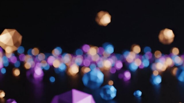 Glowing geometric shapes with bokeh on dark reflective surface