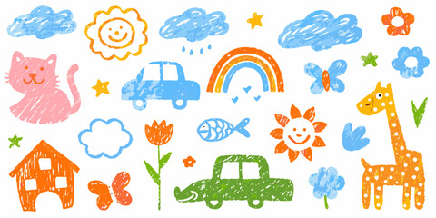 Fototapeta premium A collection of crayon drawings depicting animals vehicles and floral elements features a bright childlike aesthetic drawing artwork illustration doodle sketch colorful whimsical