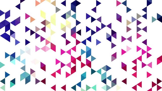 Colorful geometric triangles gradually appear and form an abstract pattern on a clean white background. Modern motion graphic with pink, blue, purple and yellow shapes for presentations, advertising, 
