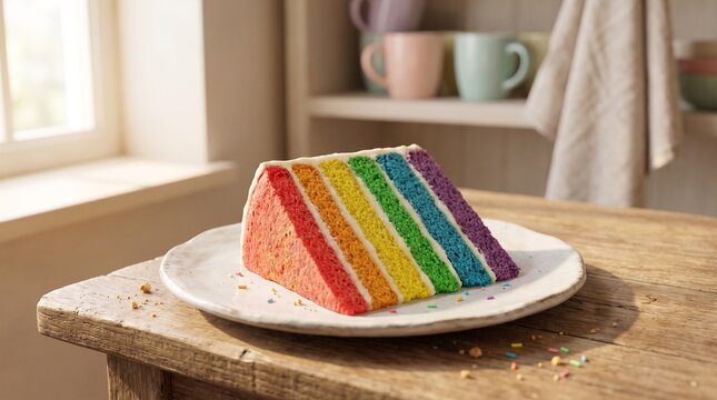 Rustic Homemade Rainbow Cake Slice on Wooden Table