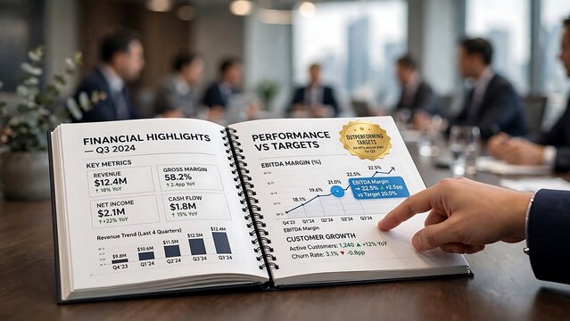 Close-up of a professional hand pointing to key financial performance indicators and customer growth metrics in a business report during a corporate meeting.