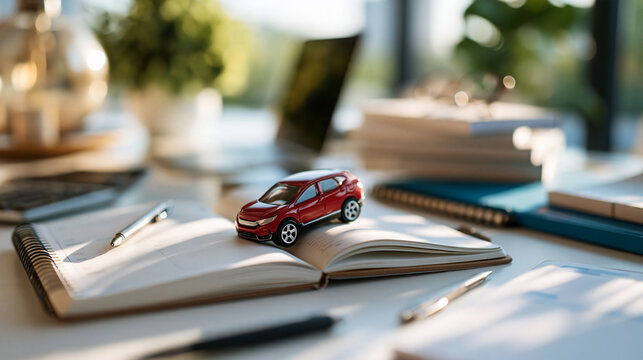 Toy vehicle model resting on an open planner notebook on a bright desk auto financing transportation preparation budgeting loan insurance mobility ownership car purchase concept