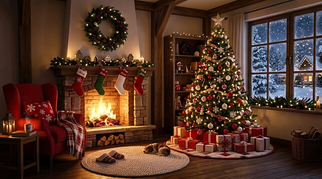 Cozy christmas living room with a decorated tree, fireplace, stockings, gifts, and a sleeping dog, creating a warm, festive holiday atmosphere in a rustic home