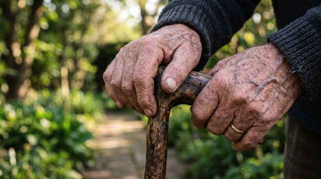 Elderly persons hands gripping a wooden cane outdoors in nature.