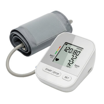 Modern digital blood pressure monitor with measuring cuff and display showing readings of 120/80 mmHg, 72 bpm