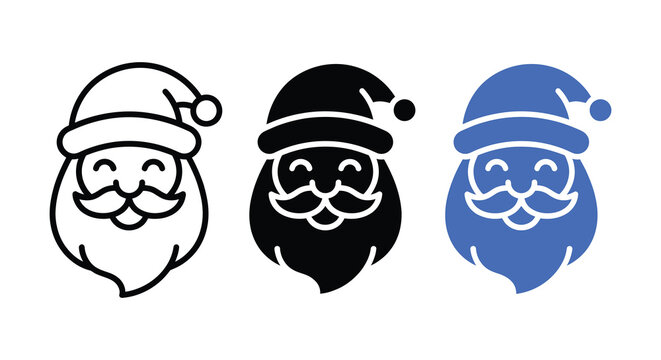 Three santa claus face silhouettes in line art solid black and blue styles
