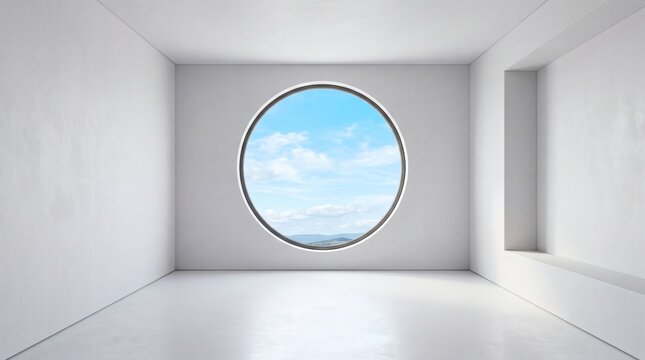Minimalist white room with large circular window showing blue sky and clouds.