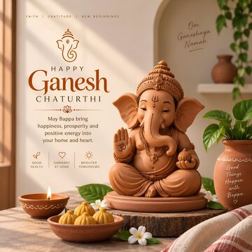 Lord ganesha idol with traditional oil lamp and modak sweets for ganesh chaturthi