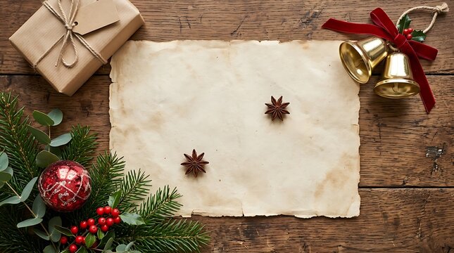 Christmas background with a blank vintage paper, gift box, bells, and fir branches on a rustic wooden table