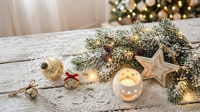 Christmas composition with fir branches, ornaments, and a glowing candle on a rustic wooden table