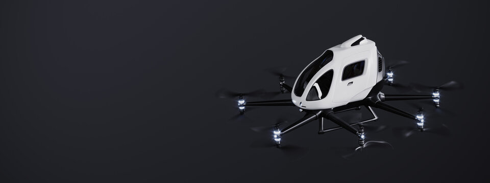 Flying car concept on black background with copy space. Future car. Flying transport. 3D Rendering, 3D Illustration