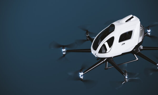 Flying car concept on blue background with copy space. Future car. Flying transport. 3D Rendering, 3D Illustration