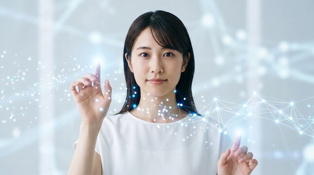 デジタル空間でインターフェースを操作する女性とAGIのイメージ
