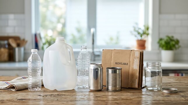 Variety of Recyclable Household Items on a Kitchen Table