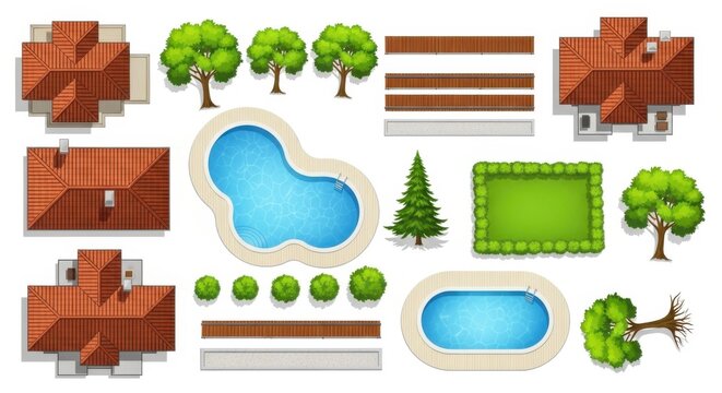 Top view of houses trees and swimming pools set