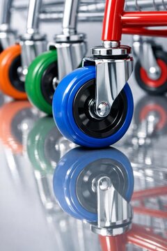 Colorful shopping cart wheels on a reflective floor.