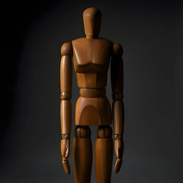 Human anatomy and artistic proportion, wooden mannequin figure standing in neutral pose for drawing and sculpture reference in dark studio lighting
