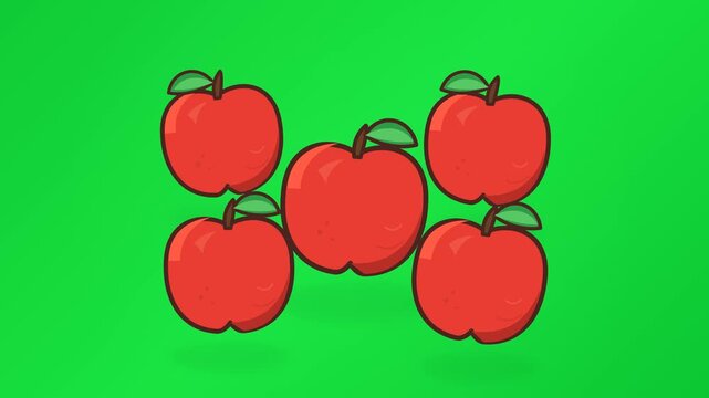 A purely minimalist 2D motion graphic featuring five fresh vector apples floating gracefully on a clean green background. Designed with smooth and deterministic animations 