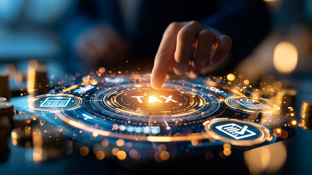 Glowing artificial intelligence interface supporting tax compliance financial monitoring vat calculation and regulation analysis icons on a bright background financial workflow accuracy