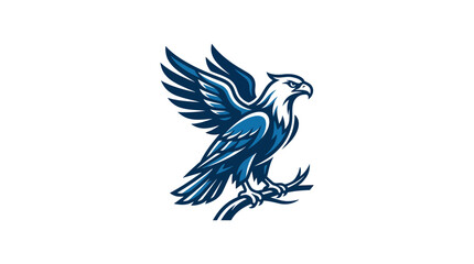 Fototapeta premium Blue eagle mascot perched on white background.