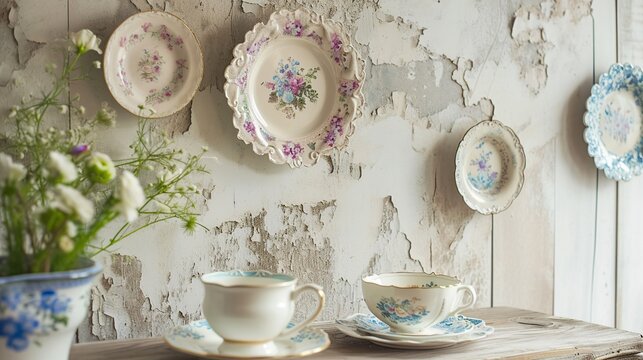 Rustic Vintage Teacup and Floral China Display Adorning a Weathered White Brick Wall