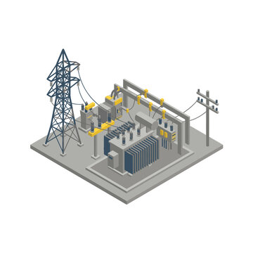 Sleek Isometric of Modern Electrical Substation with Power Lines Transformers and Control Panels in Gray Yellow and Blue