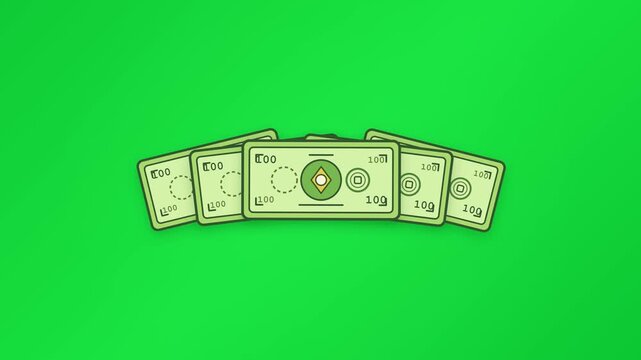 A minimalist, elegant 2D motion graphic featuring a fan of five floating generic money sheets. Designed with a strictly clean green background