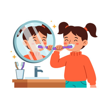 Cute little girl brushing teeth in front of mirror for daily dental hygiene health care