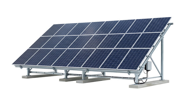 Photovoltaic solar panels on a metal frame generating clean renewable energy against TRANSPARENT BACKGROUND