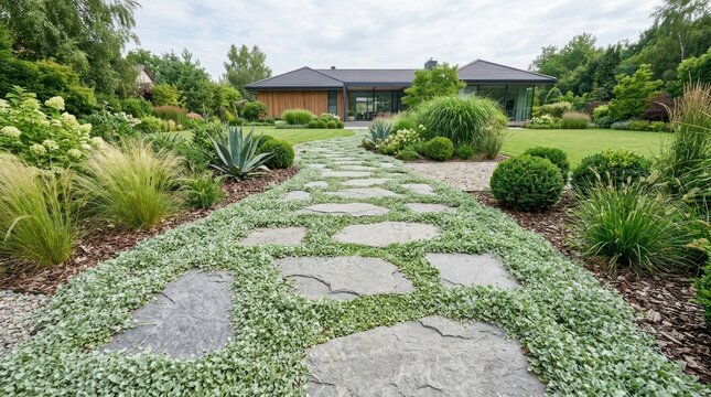 A stone path leading to a house with a garden, featuring various plants and a variety of stones.