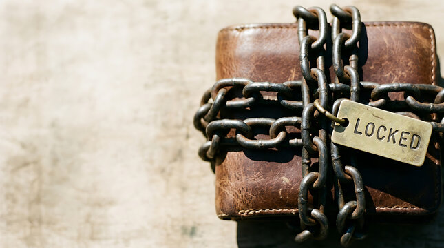 Brown leather wallet wrapped securely in heavy metal chains with a locked tag representing financial security, debt control, and personal budget management
