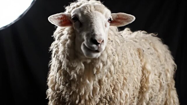 White sheep with thick wool looking at camera in studio