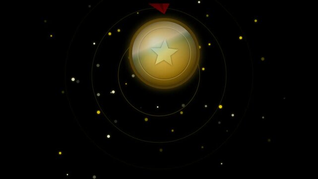 Golden medal with a star symbol floating in dark space with glowing particles