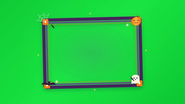 A purely minimalist and spooky 2D motion graphic featuring a Halloween-themed decorative frame on a clean green background. 