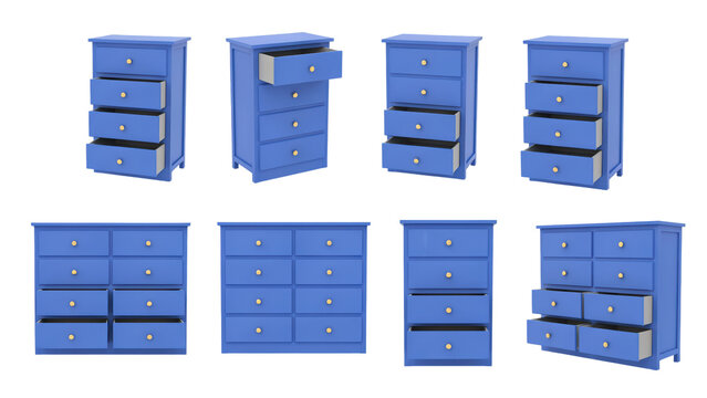 Collection of blue wooden bedroom dressers and chests of drawers with various open and closed drawer... isolated on a transparent background