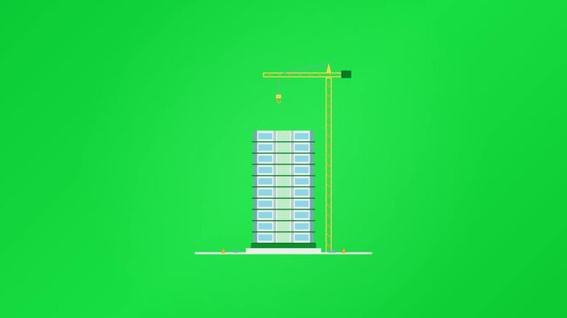 A purely minimalist 8-second motion graphic illustrating the step-by-step construction of a modern 10-story eco-building without any text, numbers, progress bars, or particles. 