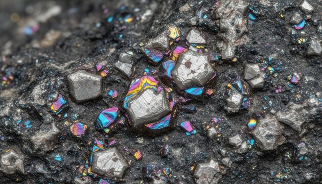Macro view of dark metallic ore rock featuring brilliant iridescent rainbow mineral crystals and complex crystalline formations
