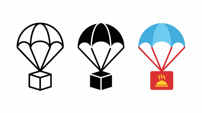 Food delivery box descending with parachute during express shipping concept vector illustration