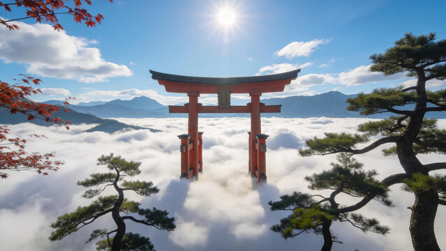 Torii gate in mountain clouds