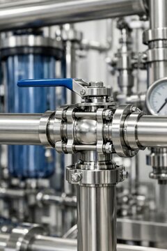 Industrial stainless steel piping system with blue handle ball valve.