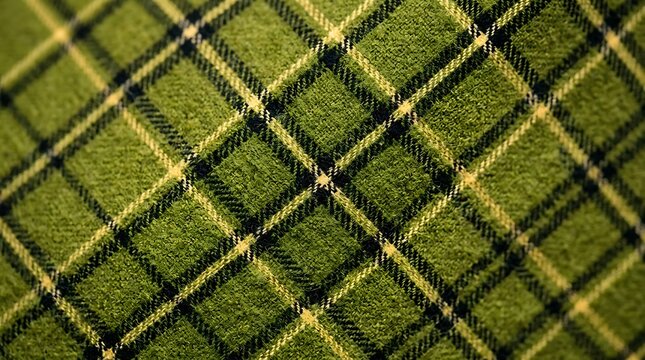 Closeup of green fabric with a classic plaid tartan pattern
