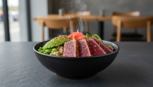 Delicious steaming quinoa poke bowl featuring seared ahi tuna slices vibrant edamame and avocado on a dark slate table