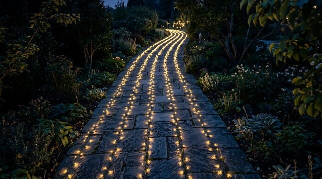 A stone garden path illuminated by multiple strings of warm fairy lights winding through lush greenery at twilight