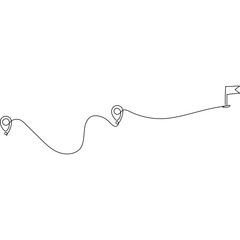 Obraz premium Destination concept with line pin mark and flag. Continuous line winding route. Vector illustration isolated on white.