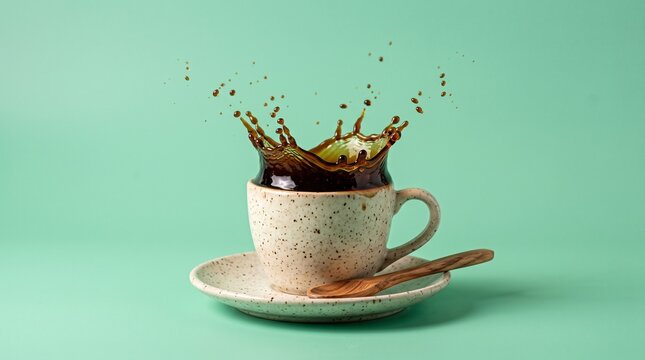 Dynamic coffee splash in ceramic cup, morning espresso crown on mint green background, rustic speckled mug with wooden spoon