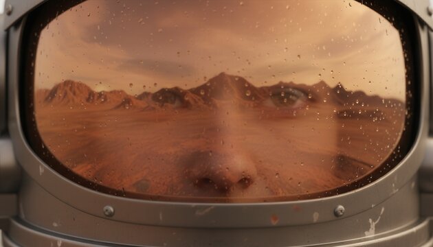 Astronaut helmet visor reflection showing an orange Martian mountain range landscape under a butterscotch sky with rain drops