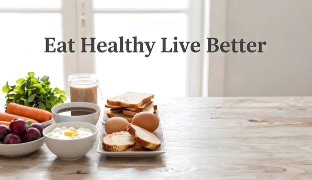 Healthy morning meal with fried egg, berries, juice, and bakery for wellness concept